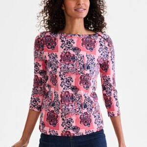 Style & Co NEW Pima Table Top Womens Size 1X Tonal Red Floral Boat Neck Cotton